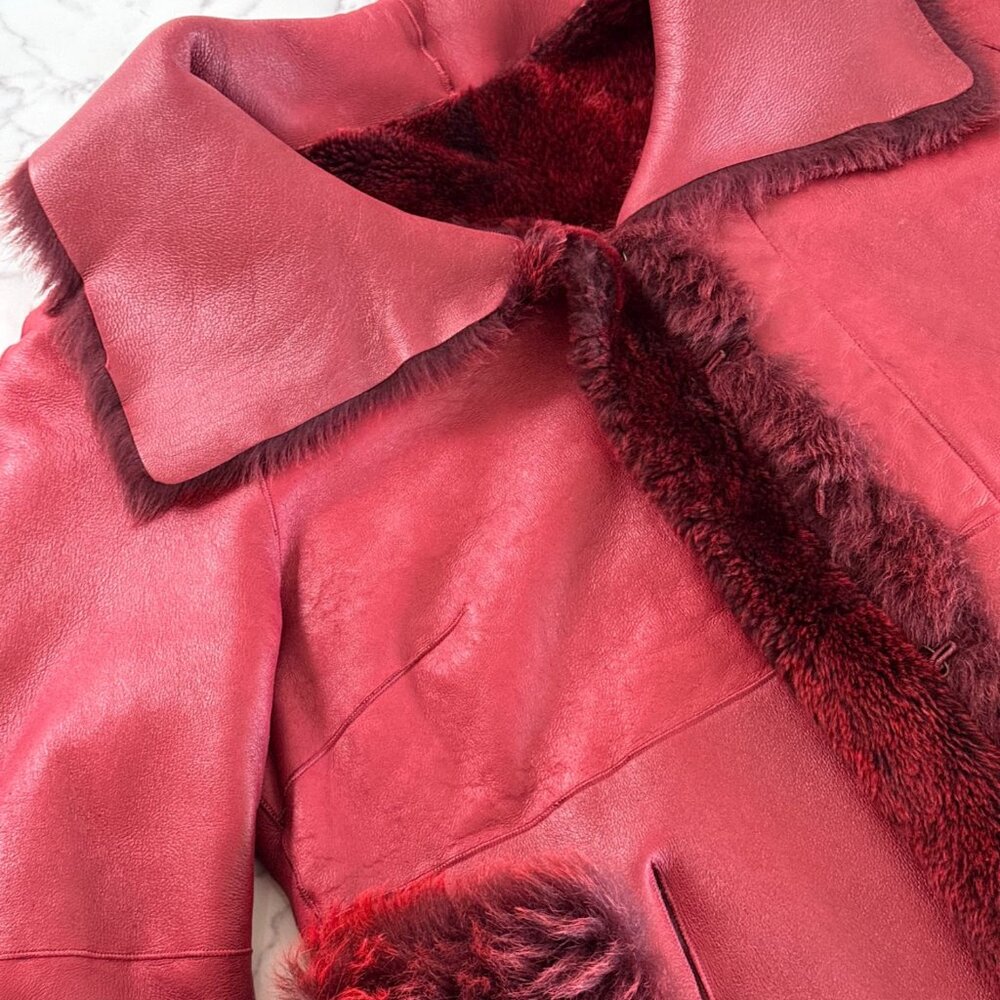 Vintage Via Veneto Genuine Shearling Leather Jacket - Burgundy - Size XL - Picture 6 of 8